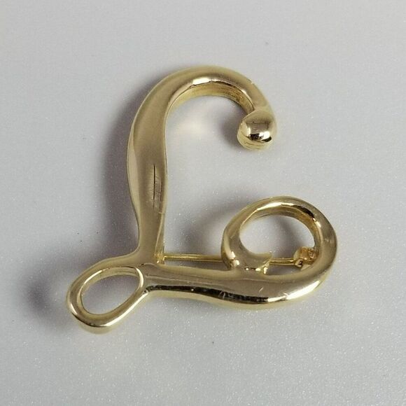 Vintage T or L Monogram Letter Brooch, Gold Tone Initial Lapel Pin, Estate - Picture 4 of 7